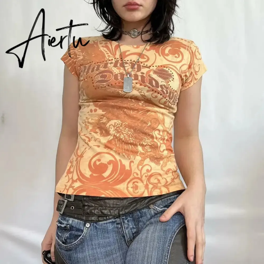 Aiertu  Women's 2000s Aesthetic T Shirt Slim Retro Cap Sleeve Round Neck Tops y2k Grunge Graphic Letter Print Summer Tee