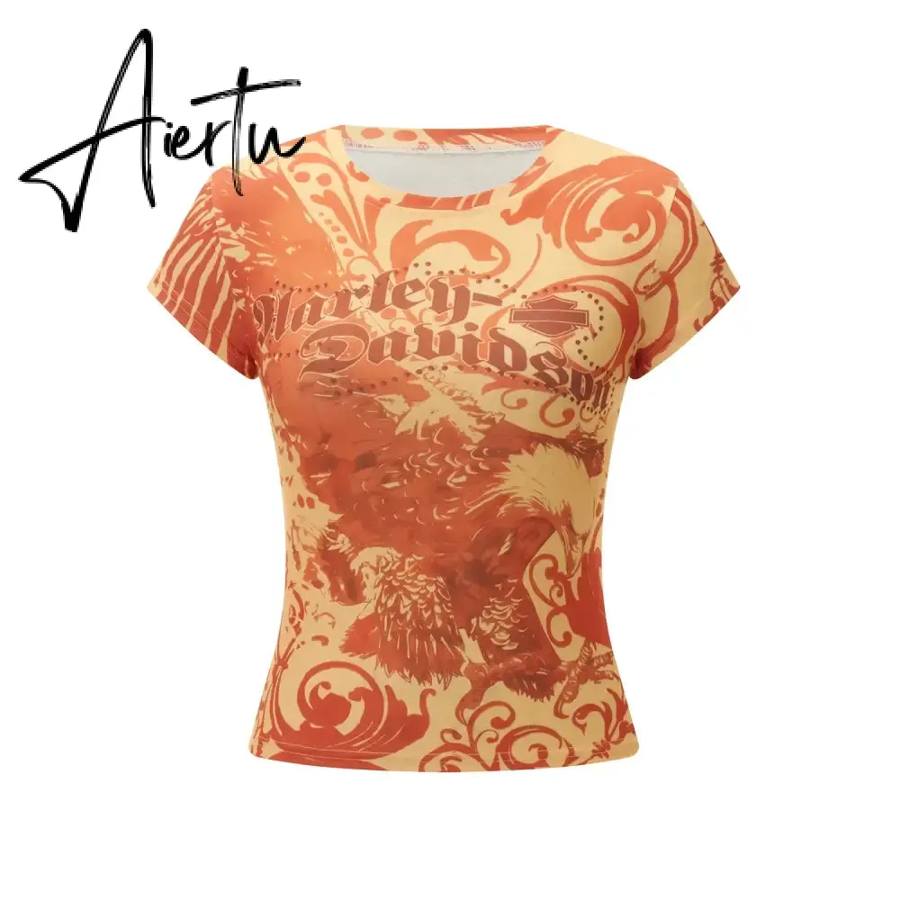 Aiertu  Women's 2000s Aesthetic T Shirt Slim Retro Cap Sleeve Round Neck Tops y2k Grunge Graphic Letter Print Summer Tee