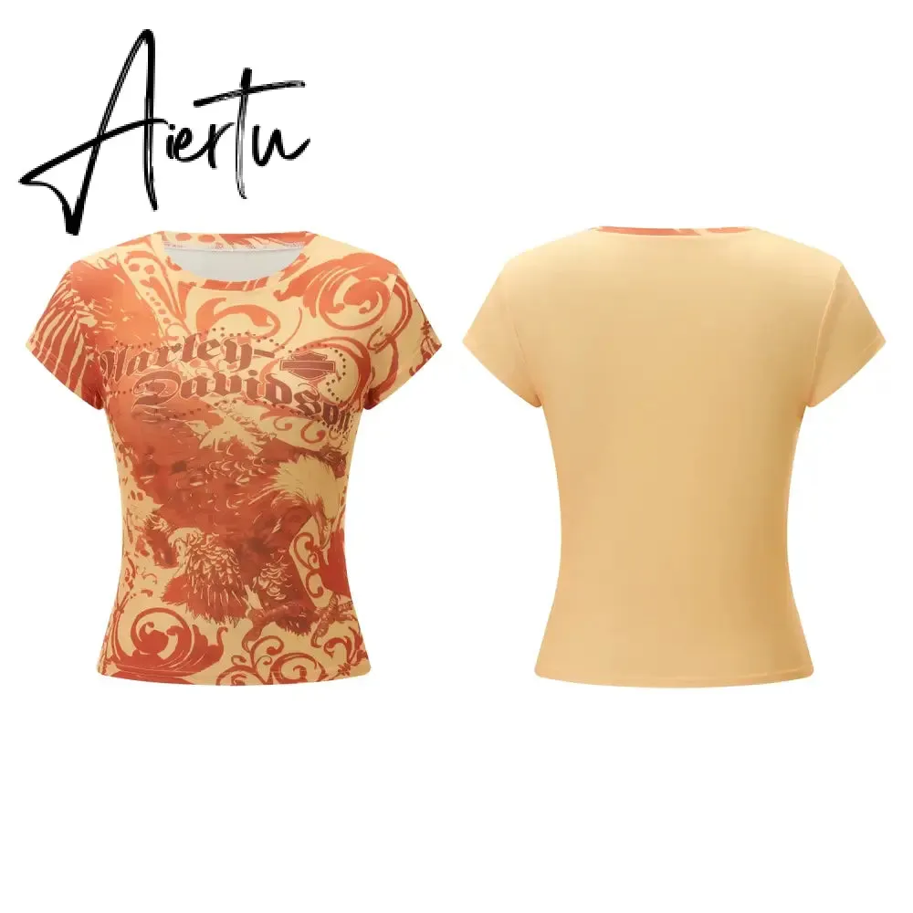 Aiertu  Women's 2000s Aesthetic T Shirt Slim Retro Cap Sleeve Round Neck Tops y2k Grunge Graphic Letter Print Summer Tee