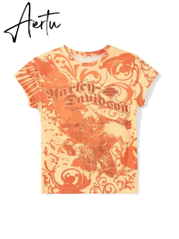 Aiertu  Women's 2000s Aesthetic T Shirt Slim Retro Cap Sleeve Round Neck Tops y2k Grunge Graphic Letter Print Summer Tee