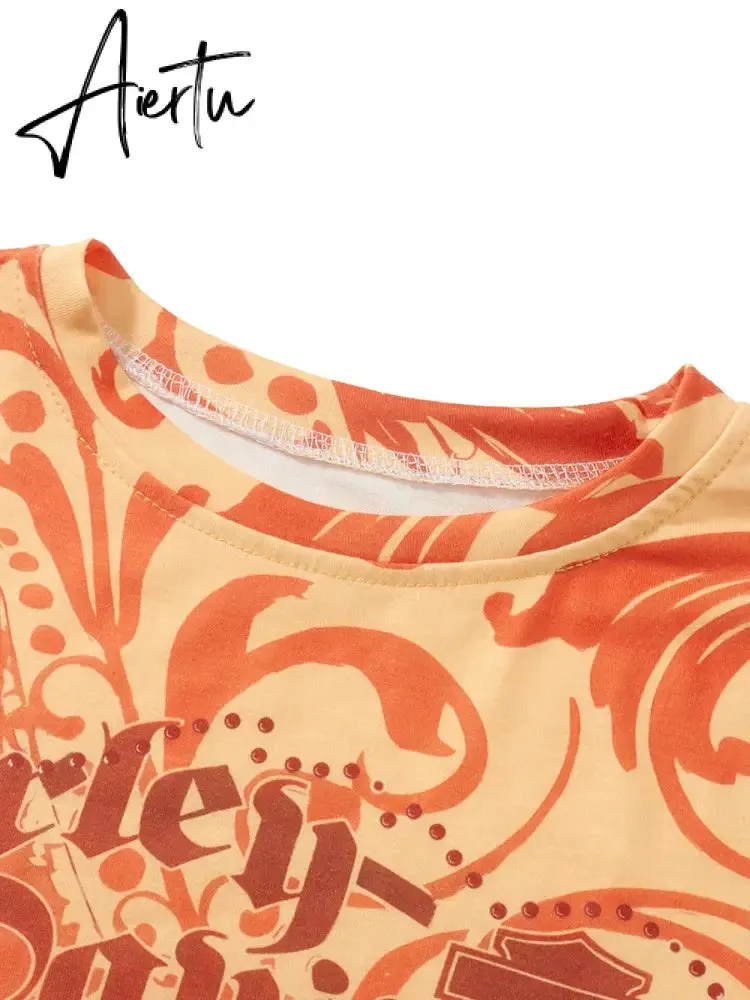 Aiertu  Women's 2000s Aesthetic T Shirt Slim Retro Cap Sleeve Round Neck Tops y2k Grunge Graphic Letter Print Summer Tee