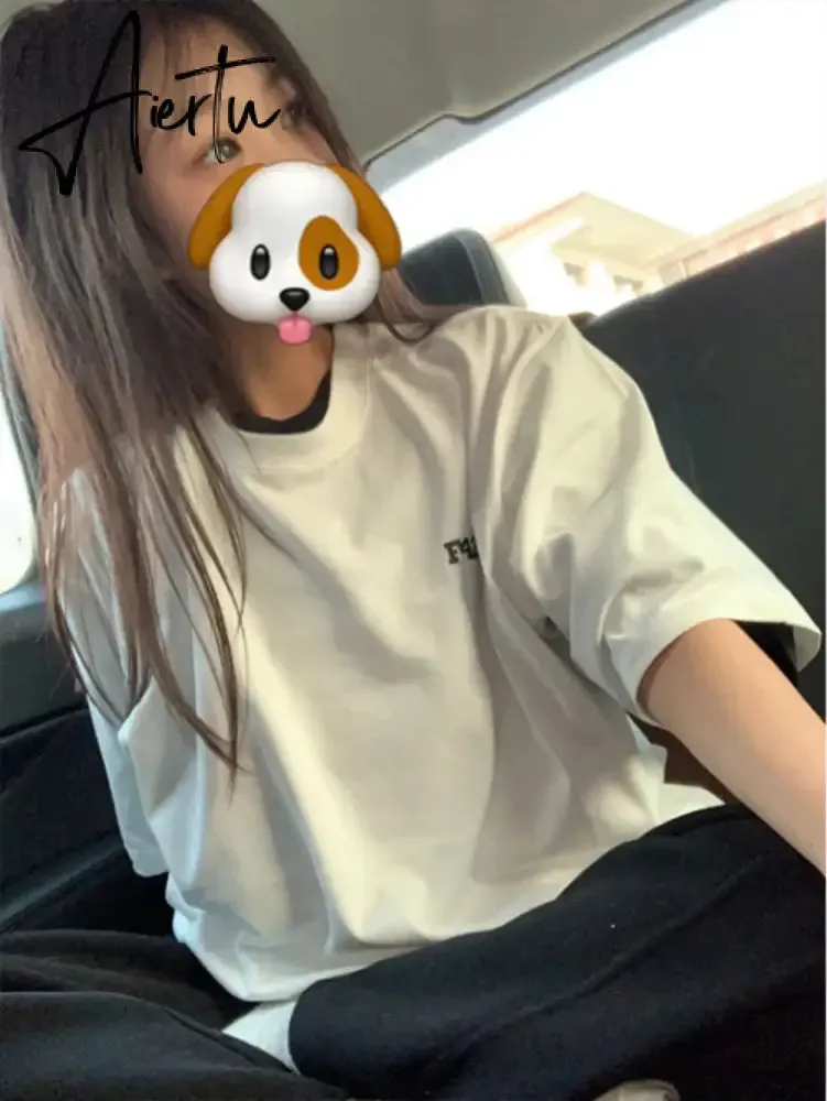 Aiertu  Y2k Aesthetic Summer White T-shirts Harajuku Short Sleeve Loose Oversize Tops Women Cartoon Letter Print All Match Casual Tees
