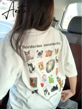 Aiertu  Y2k Aesthetic Summer White T-shirts Harajuku Short Sleeve Loose Oversize Tops Women Cartoon Letter Print All Match Casual Tees