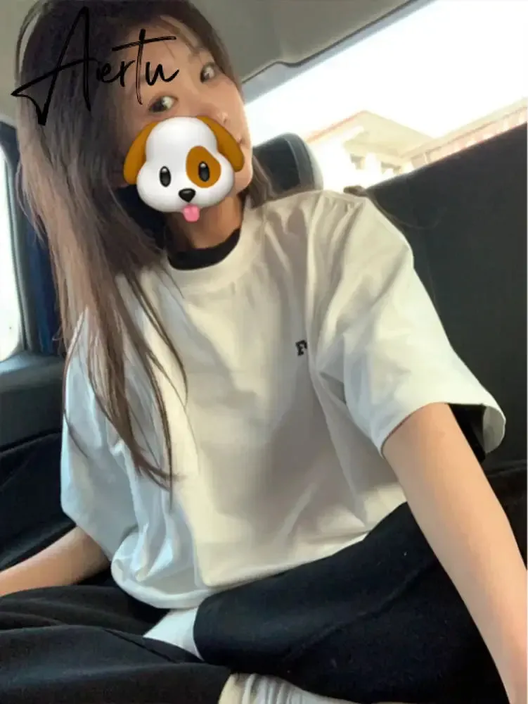 Aiertu  Y2k Aesthetic Summer White T-shirts Harajuku Short Sleeve Loose Oversize Tops Women Cartoon Letter Print All Match Casual Tees
