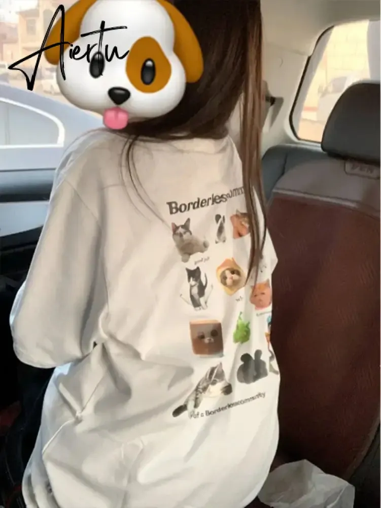 Aiertu  Y2k Aesthetic Summer White T-shirts Harajuku Short Sleeve Loose Oversize Tops Women Cartoon Letter Print All Match Casual Tees