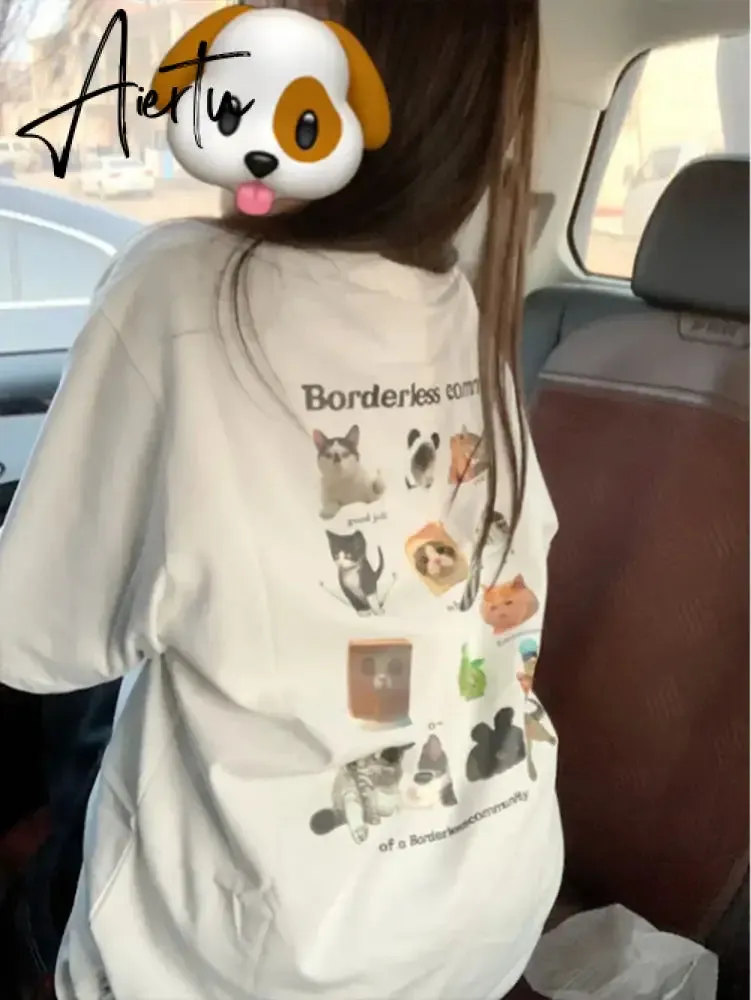 Aiertu  Y2k Aesthetic Summer White T-shirts Harajuku Short Sleeve Loose Oversize Tops Women Cartoon Letter Print All Match Casual Tees