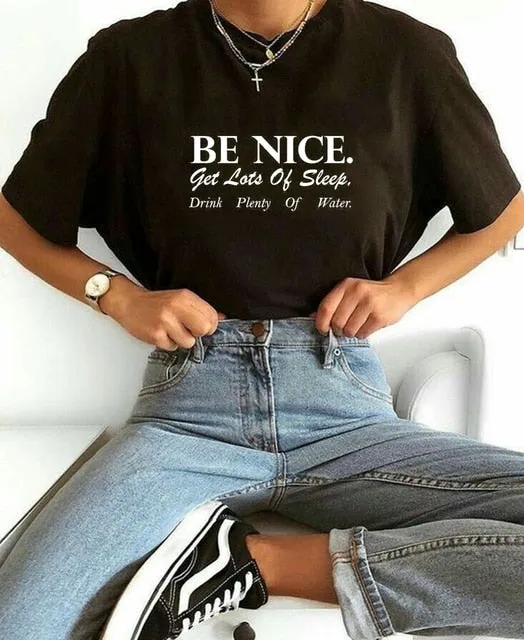 Be Nice Graphic Tee – Women's Oversized Aesthetic T-Shirt, Inspirational Quote Harajuku Tumblr Grunge Top