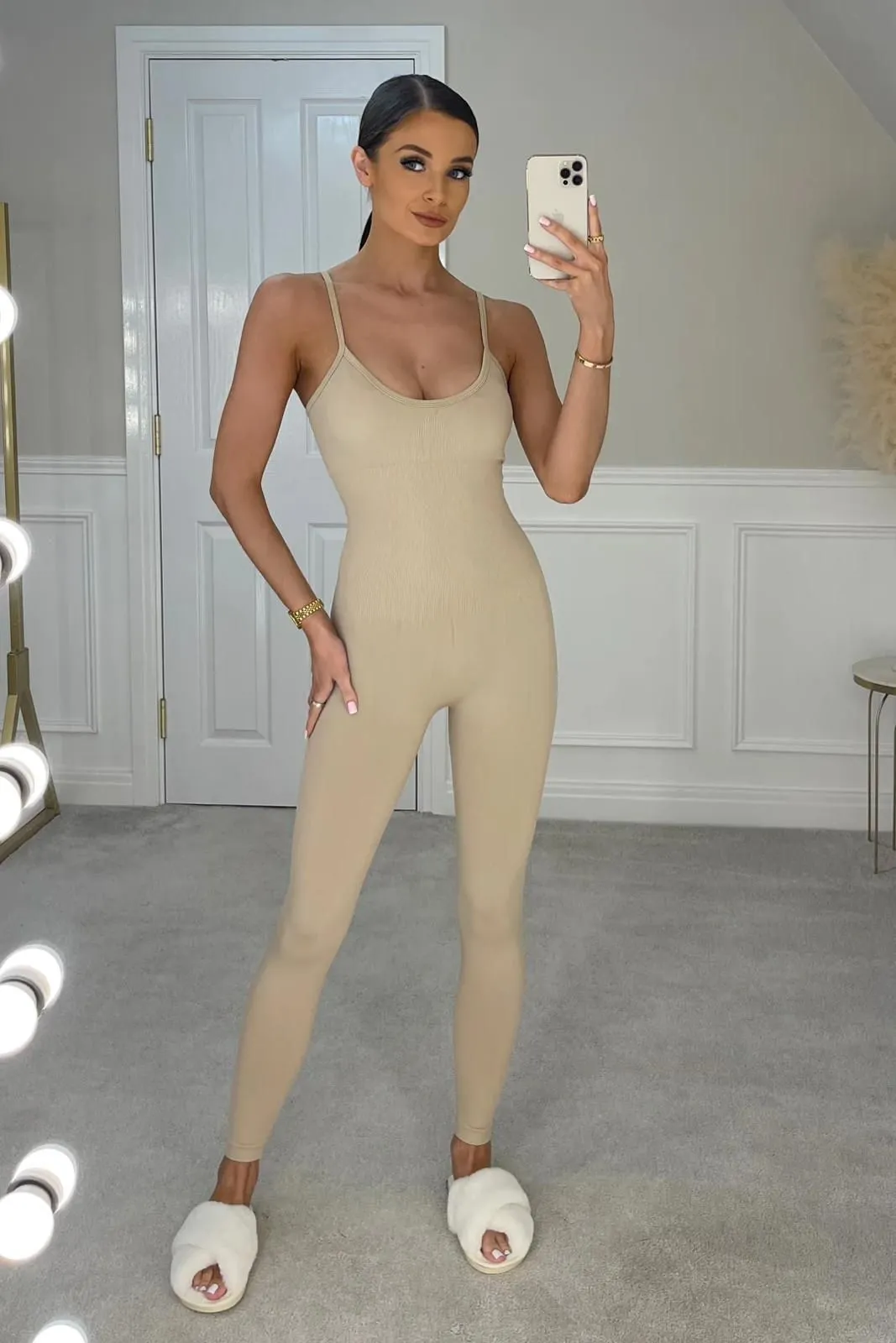 BEIGE SLEEVELESS BODYCON STYLE RIB KNIT JUMPSUIT