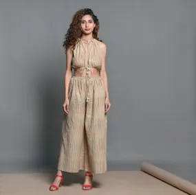 Beige Striped Handwoven Cotton Plunge Neck Blouson Jumpsuit