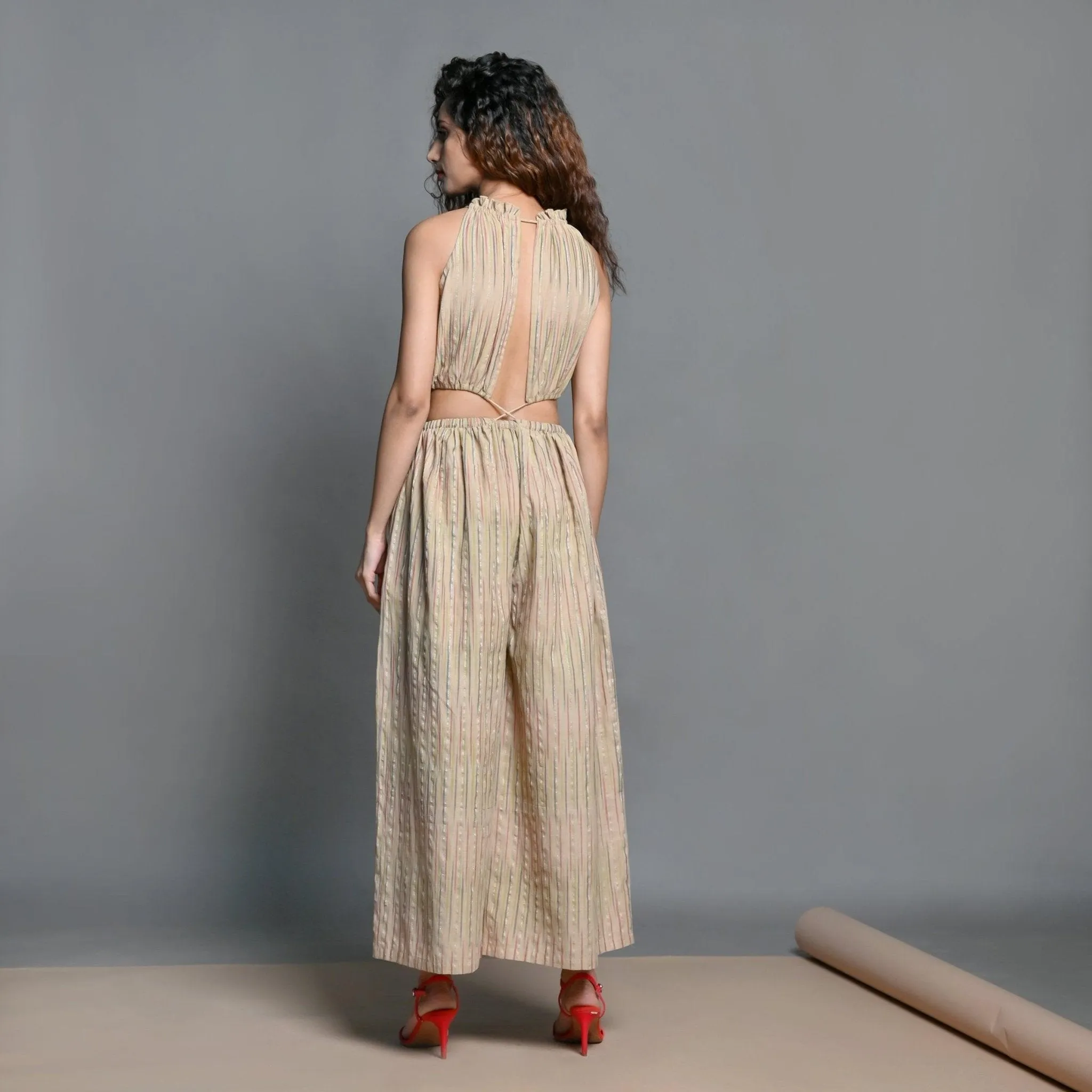 Beige Striped Handwoven Cotton Plunge Neck Blouson Jumpsuit