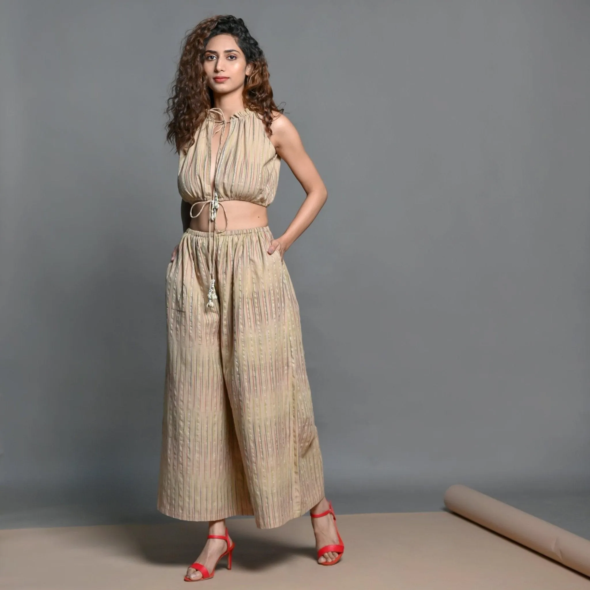 Beige Striped Handwoven Cotton Plunge Neck Blouson Jumpsuit