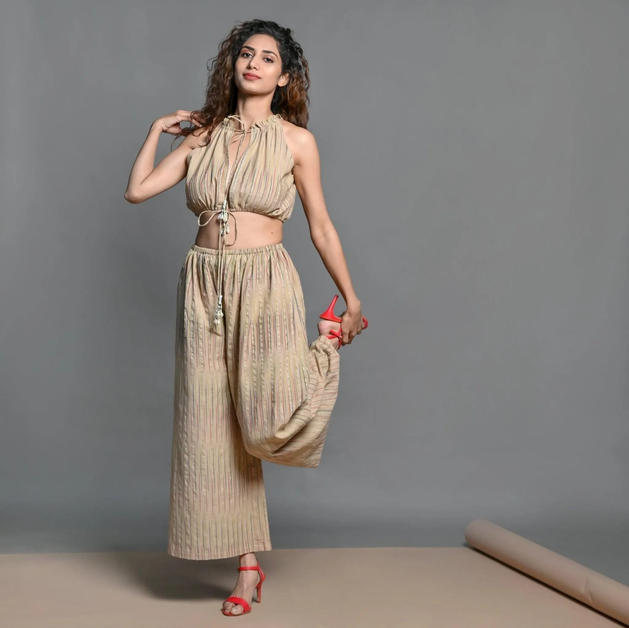 Beige Striped Handwoven Cotton Plunge Neck Blouson Jumpsuit