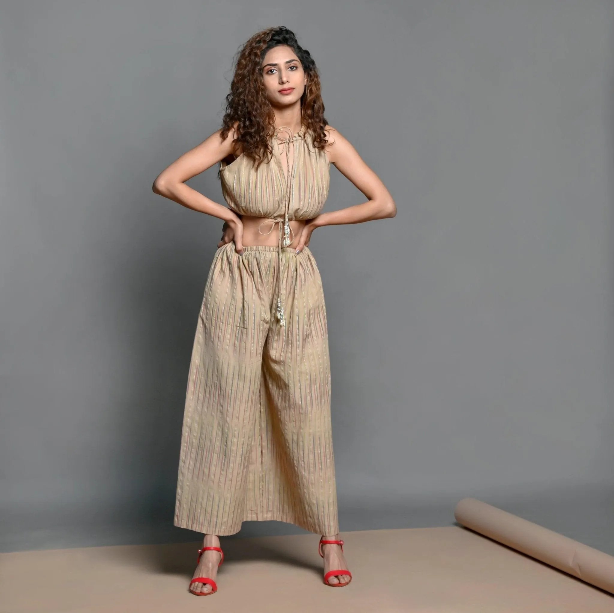 Beige Striped Handwoven Cotton Plunge Neck Blouson Jumpsuit