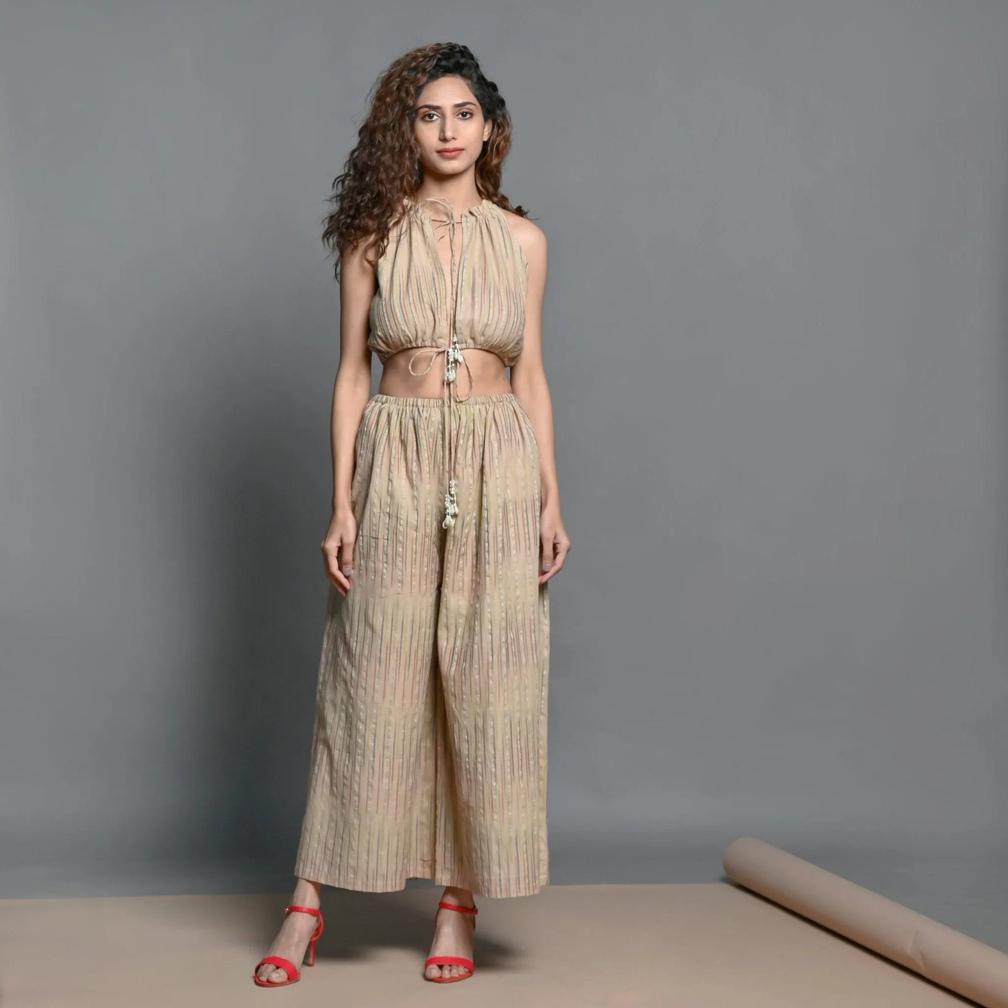 Beige Striped Handwoven Cotton Plunge Neck Blouson Jumpsuit