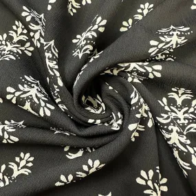 Black and White Floral Medallion Poly Print High Crepe Fabric