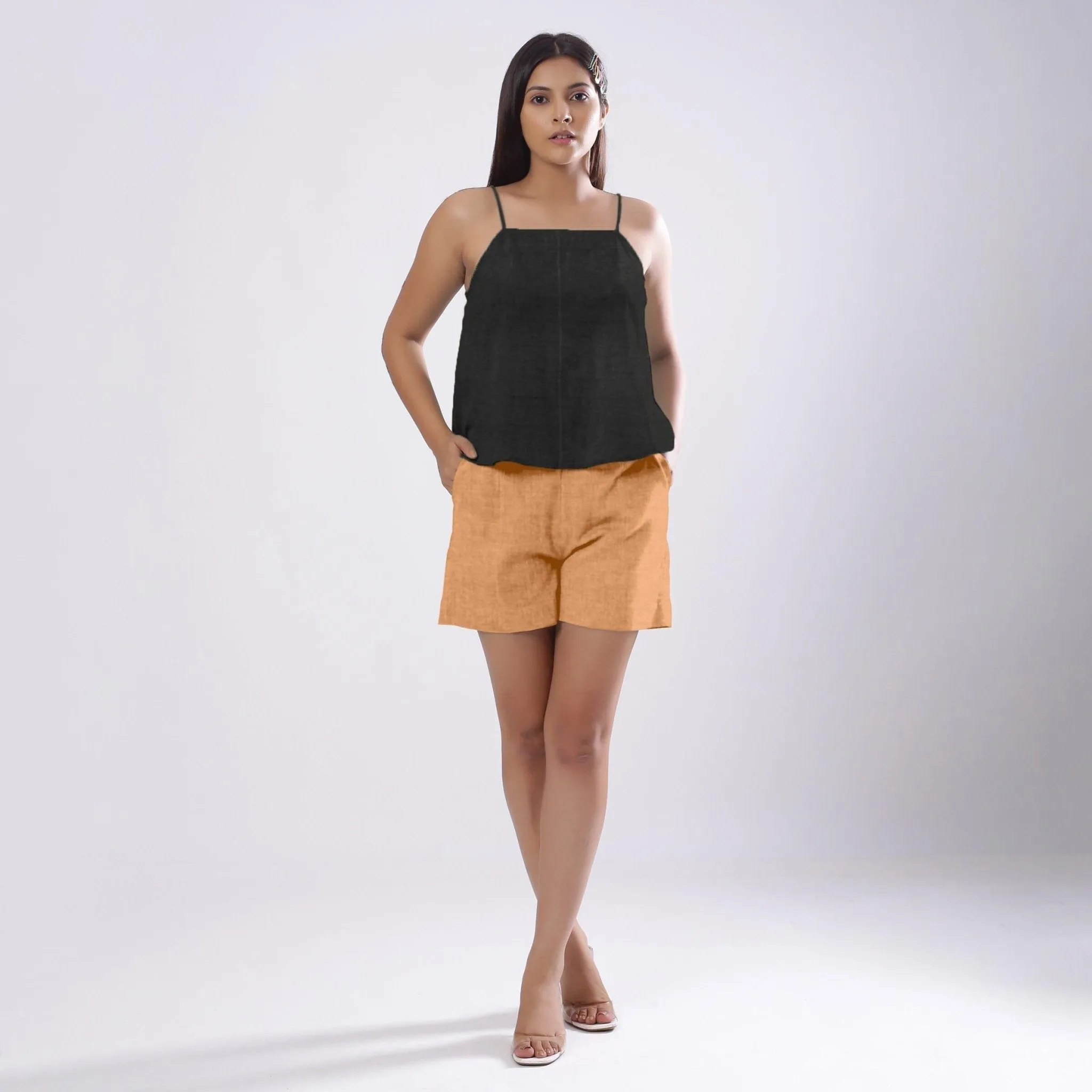 Black Cotton Linen  Flared Camisole Top