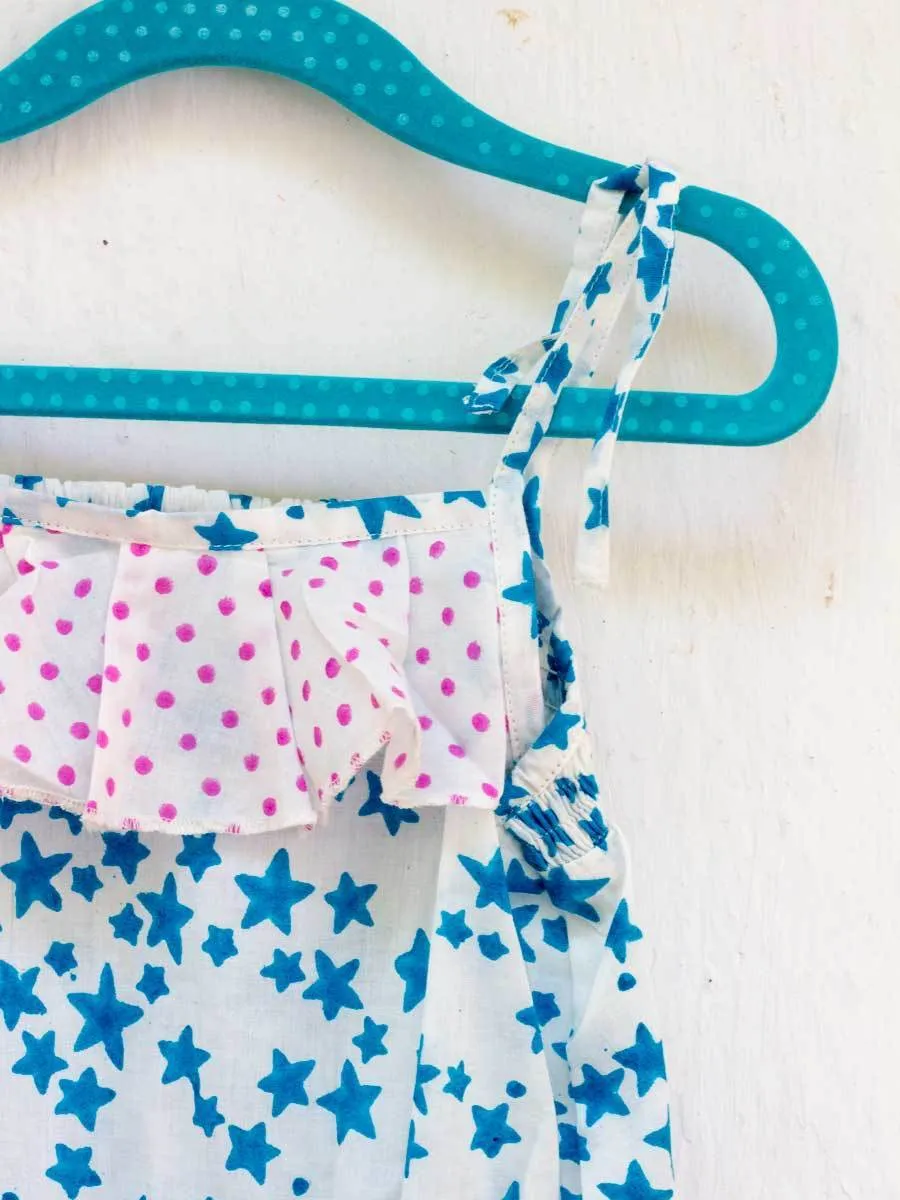 Blue Star Organic Cotton Block Printed Jumpsuit with Pompoms