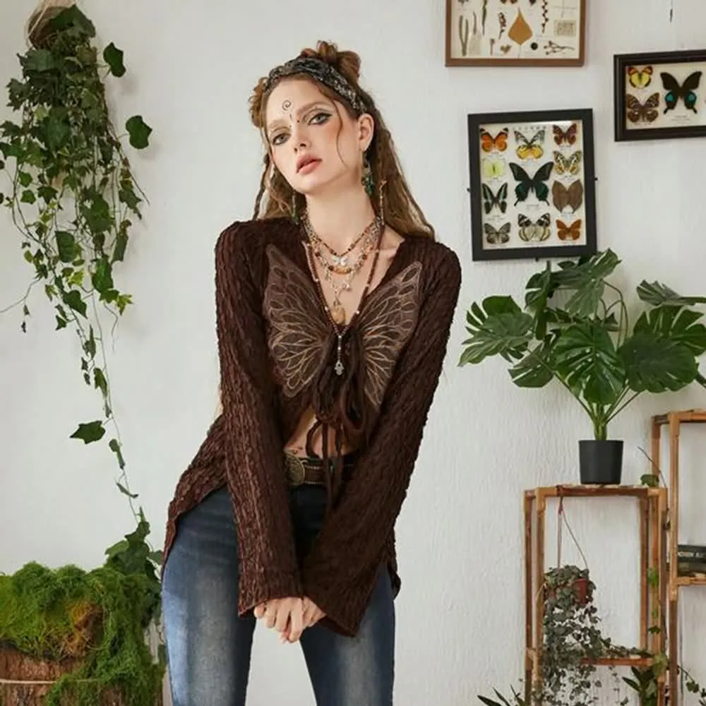 Brown Fairy Grunge Butterfly Long Sleeve Top