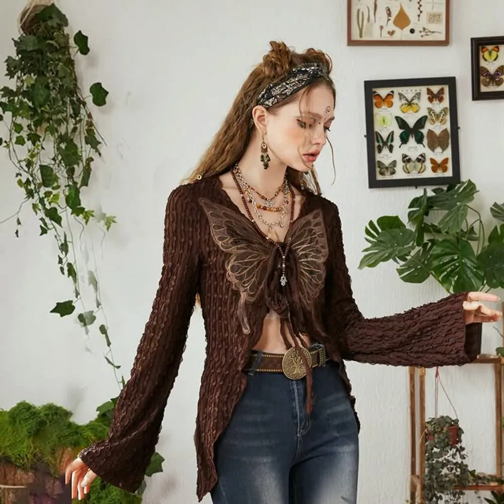 Brown Fairy Grunge Butterfly Long Sleeve Top