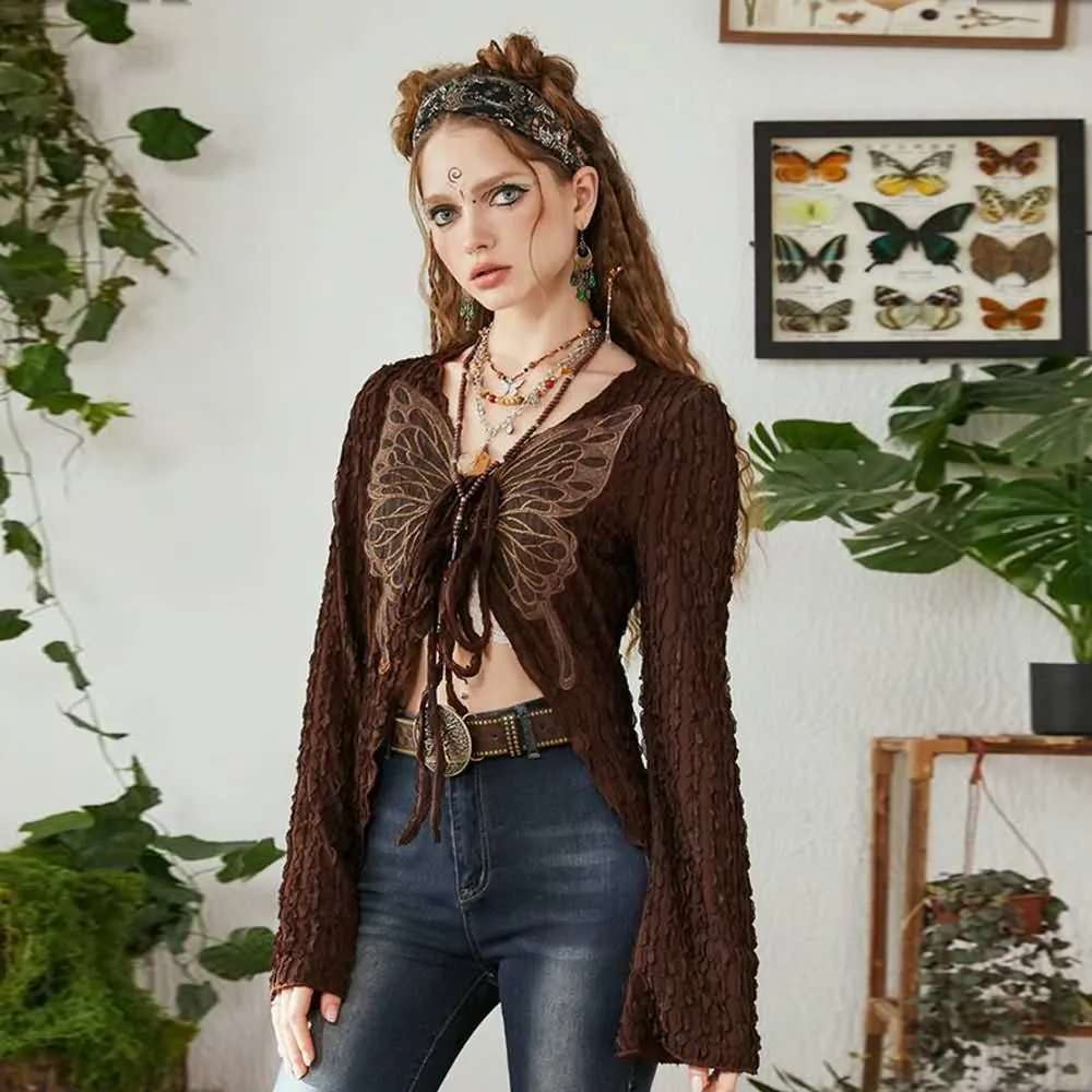 Brown Fairy Grunge Butterfly Long Sleeve Top