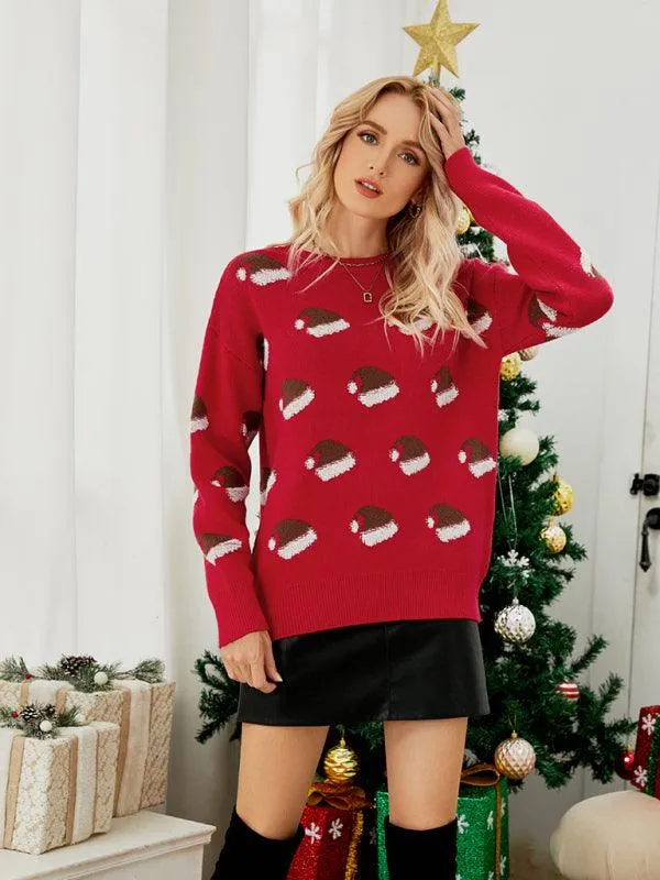 Charming Women's Long Sleeve Knit Sweater with Festive Patterns for the Holiday Season