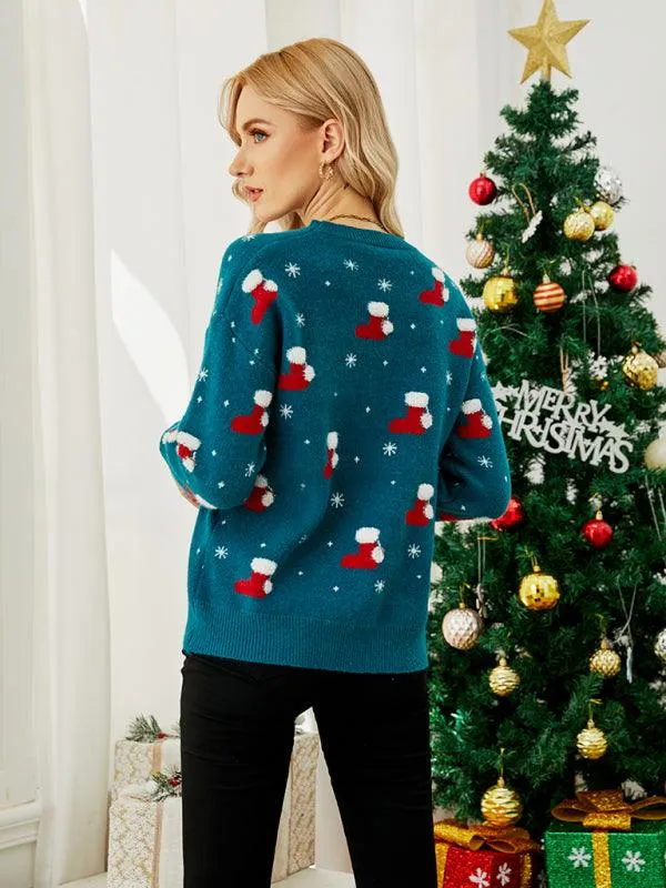 Charming Women's Long Sleeve Knit Sweater with Festive Patterns for the Holiday Season