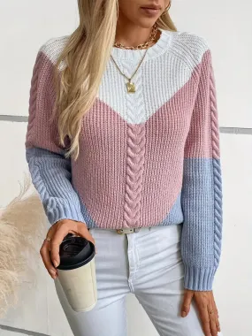 Chic Color Block Crew Neck Sweater for Women