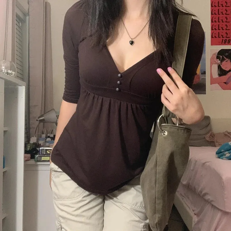 Chicmy- 2000s Vintage Brown T-Shirts Harajuku Button V Neck Slim Pullovers Tees y2k Aesthetic Grunge Top Women T-shirts Spring
