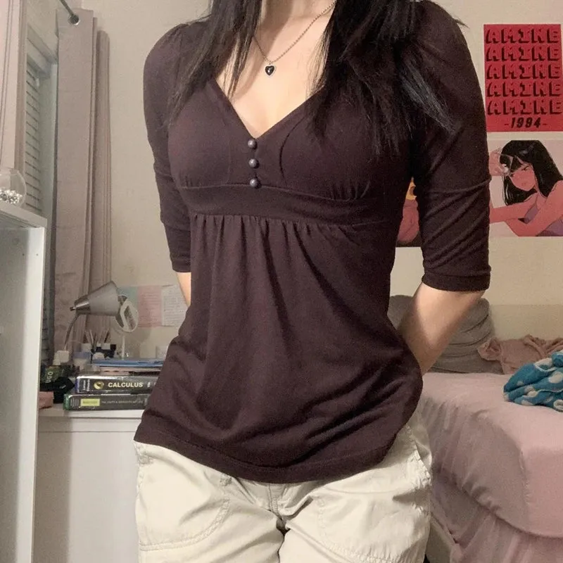 Chicmy- 2000s Vintage Brown T-Shirts Harajuku Button V Neck Slim Pullovers Tees y2k Aesthetic Grunge Top Women T-shirts Spring