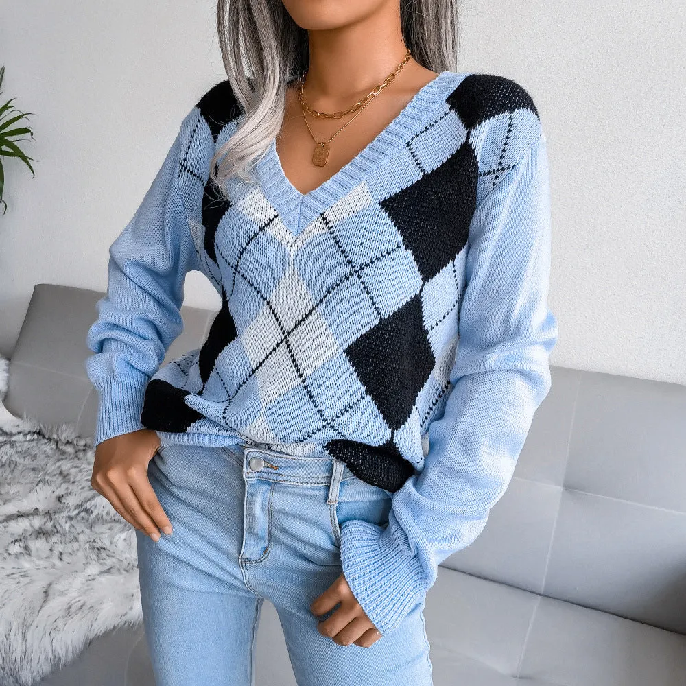 College Style Diamond Print Lady Sweater