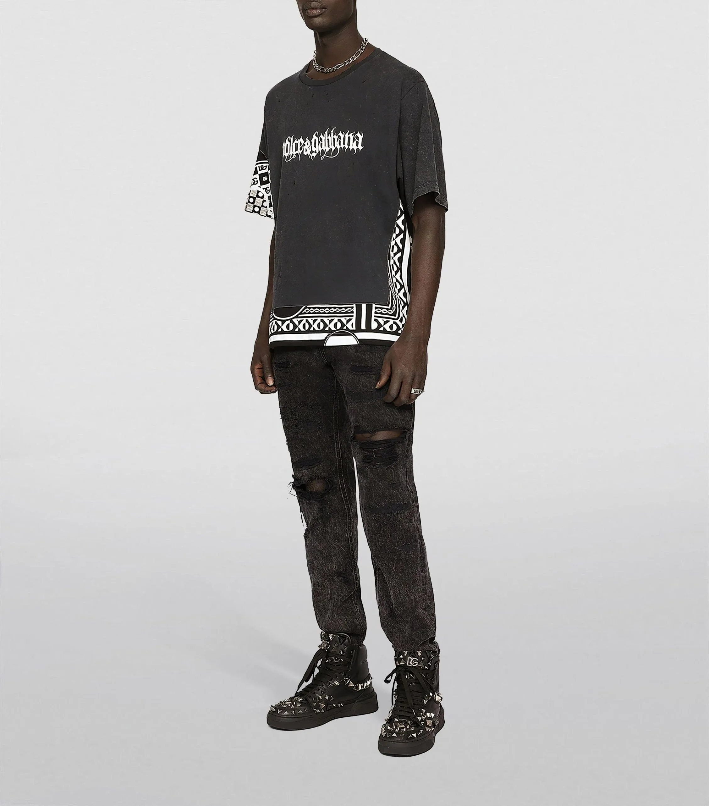 Cotton T-Shirt With Rips And Print