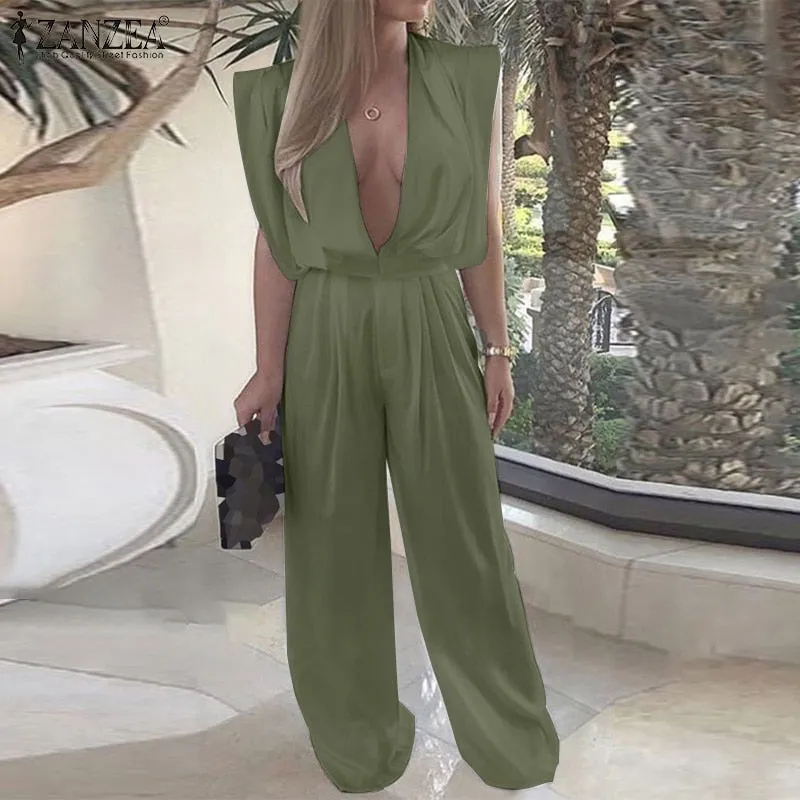 Deep V Neck Lace Up Sleeveless Jumpsuits