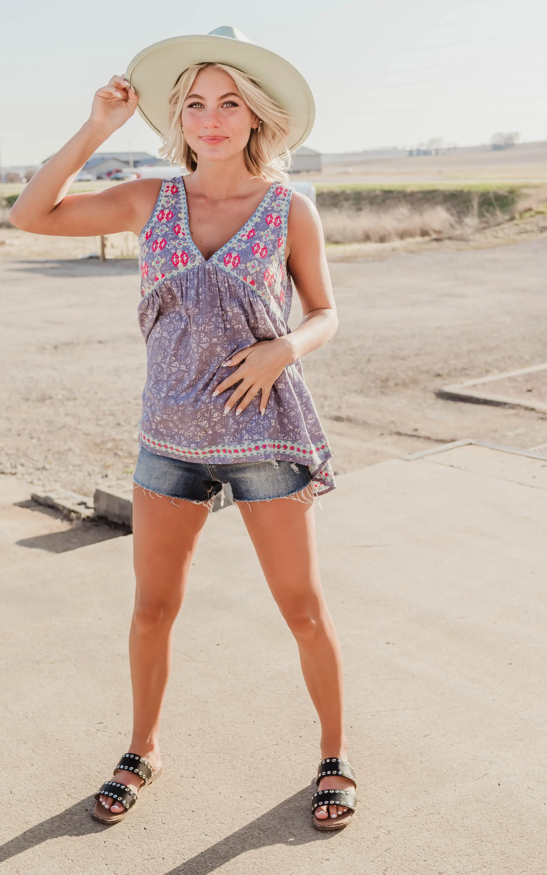 Embroidered Babydoll Tank Top - Final Sale