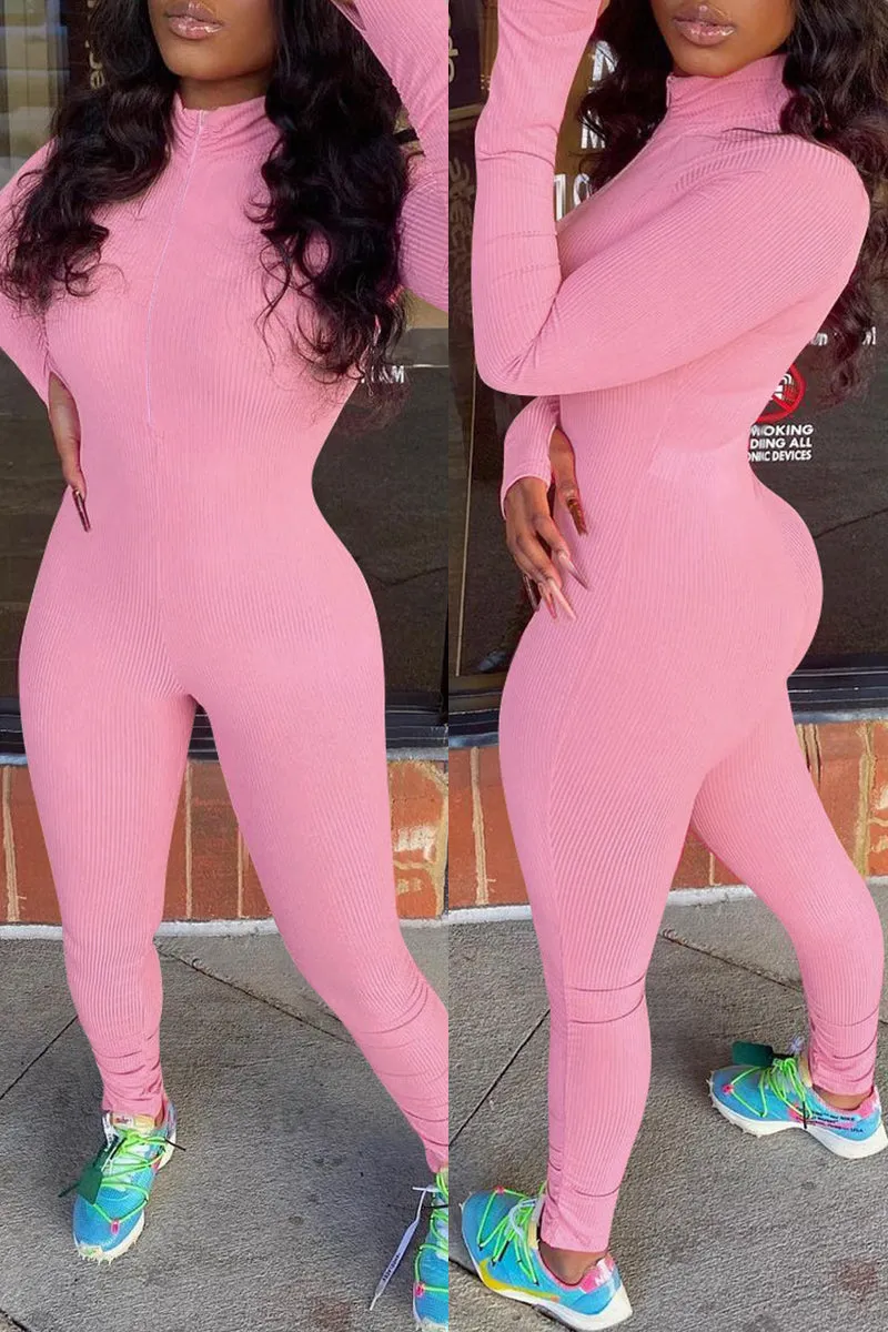 Fashion Solid Zipper Turtleneck Skinny Jumpsuits