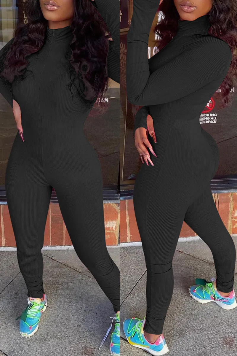 Fashion Solid Zipper Turtleneck Skinny Jumpsuits