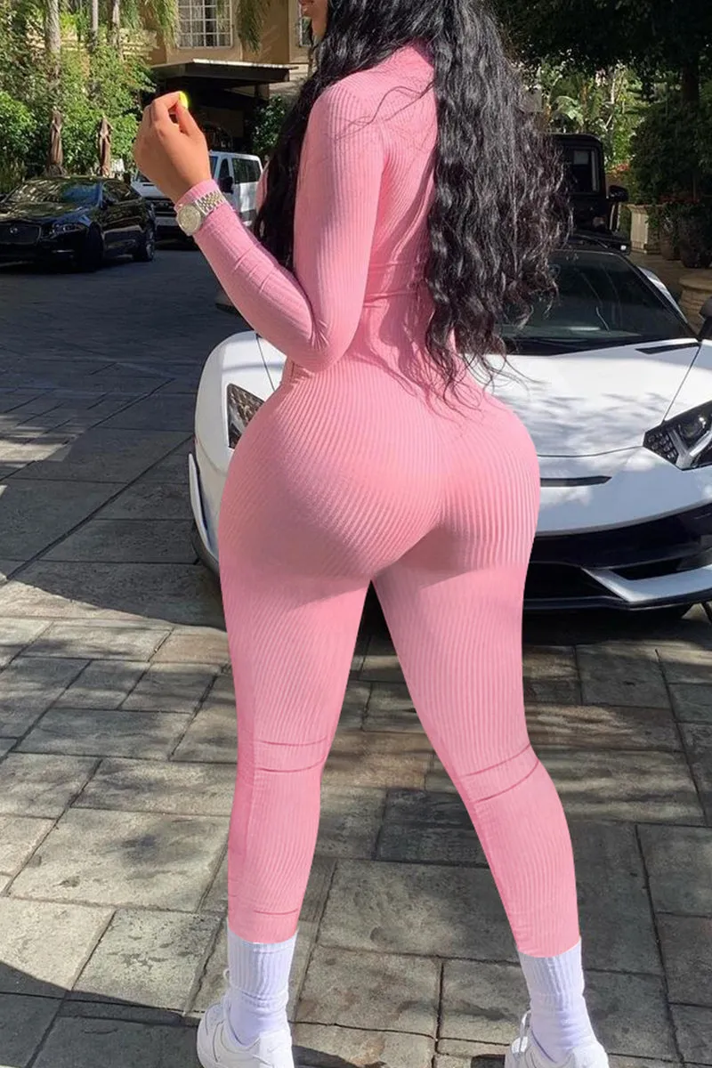 Fashion Solid Zipper Turtleneck Skinny Jumpsuits