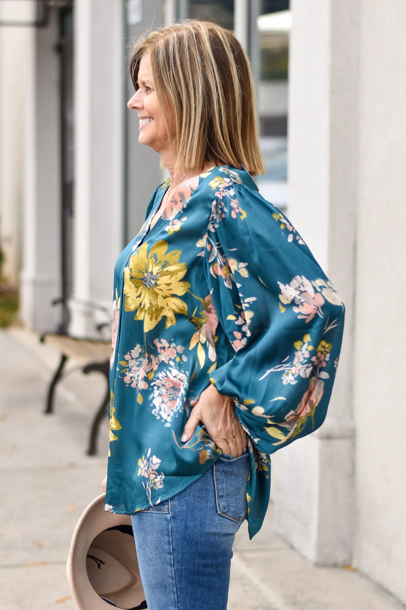 Floral Satin Bubble Sleeve Top