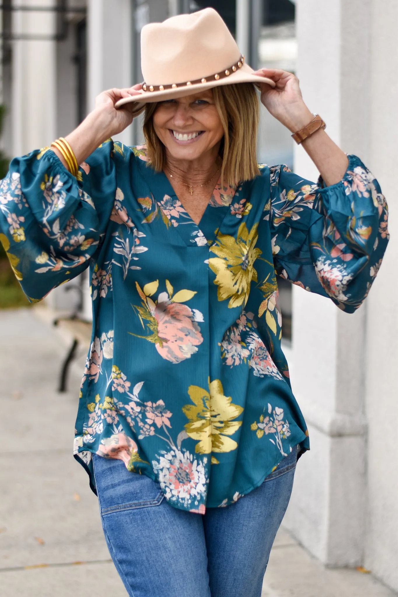 Floral Satin Bubble Sleeve Top