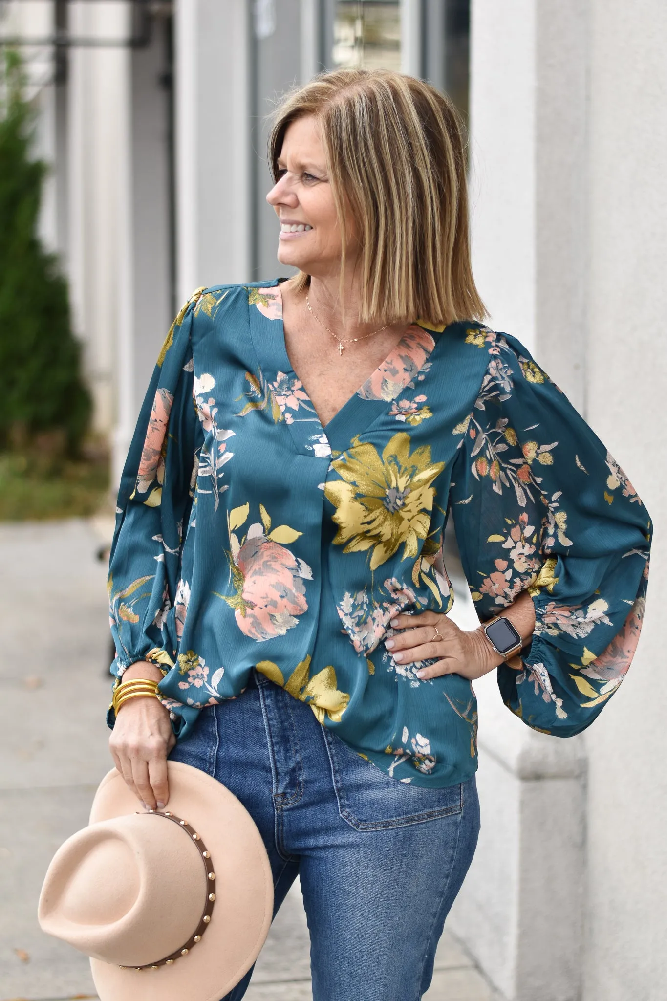 Floral Satin Bubble Sleeve Top