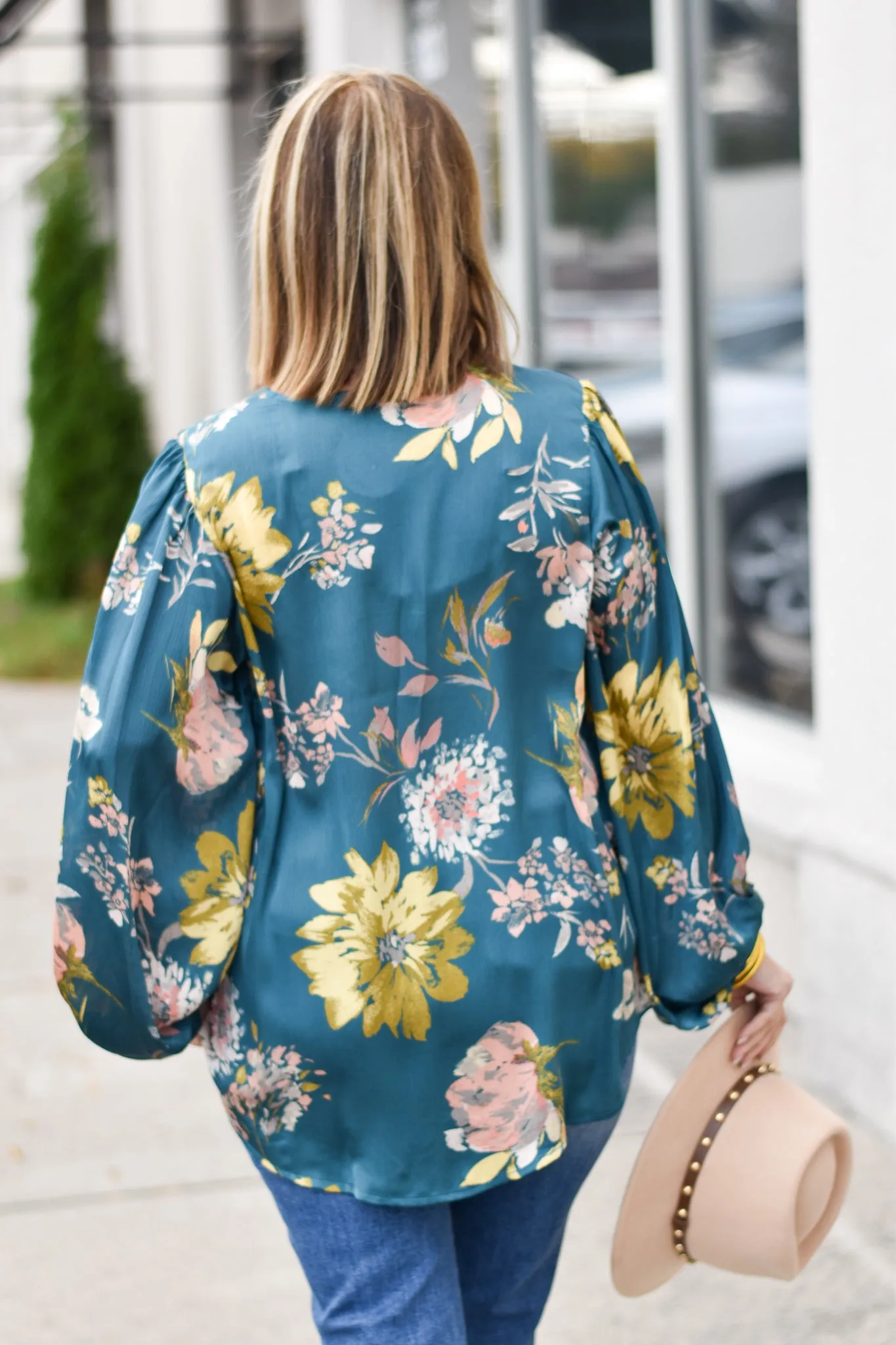 Floral Satin Bubble Sleeve Top
