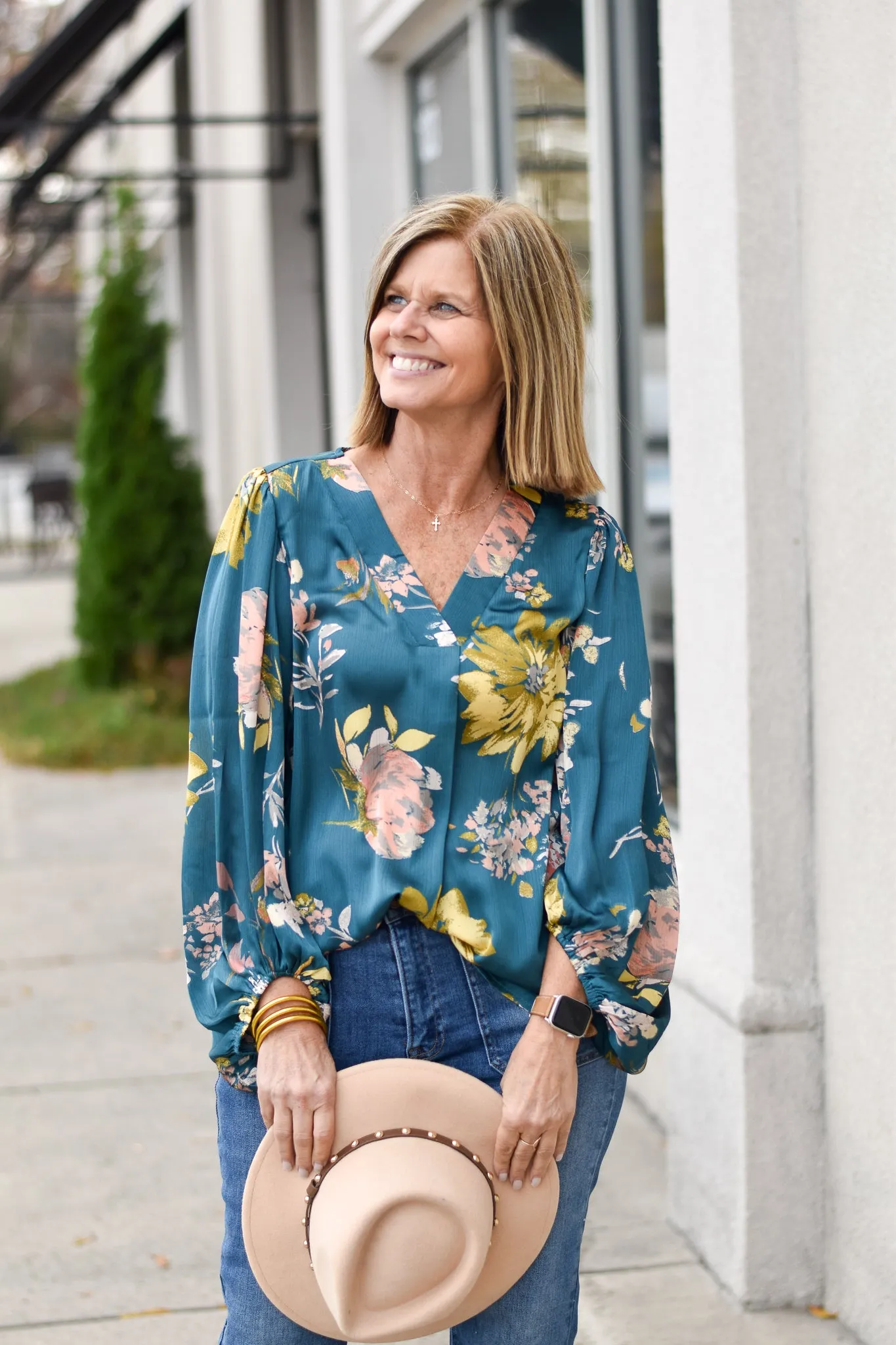 Floral Satin Bubble Sleeve Top