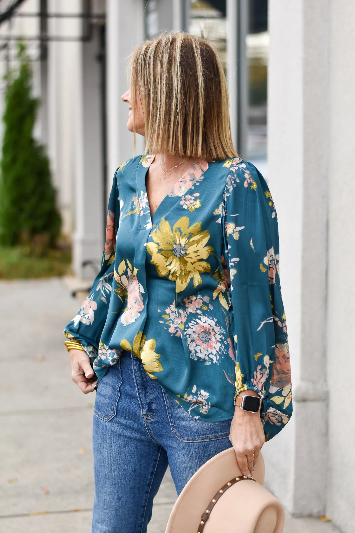 Floral Satin Bubble Sleeve Top