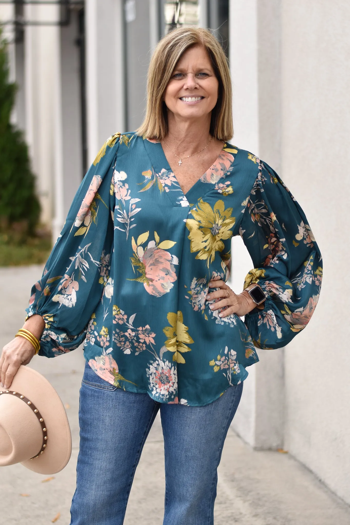 Floral Satin Bubble Sleeve Top