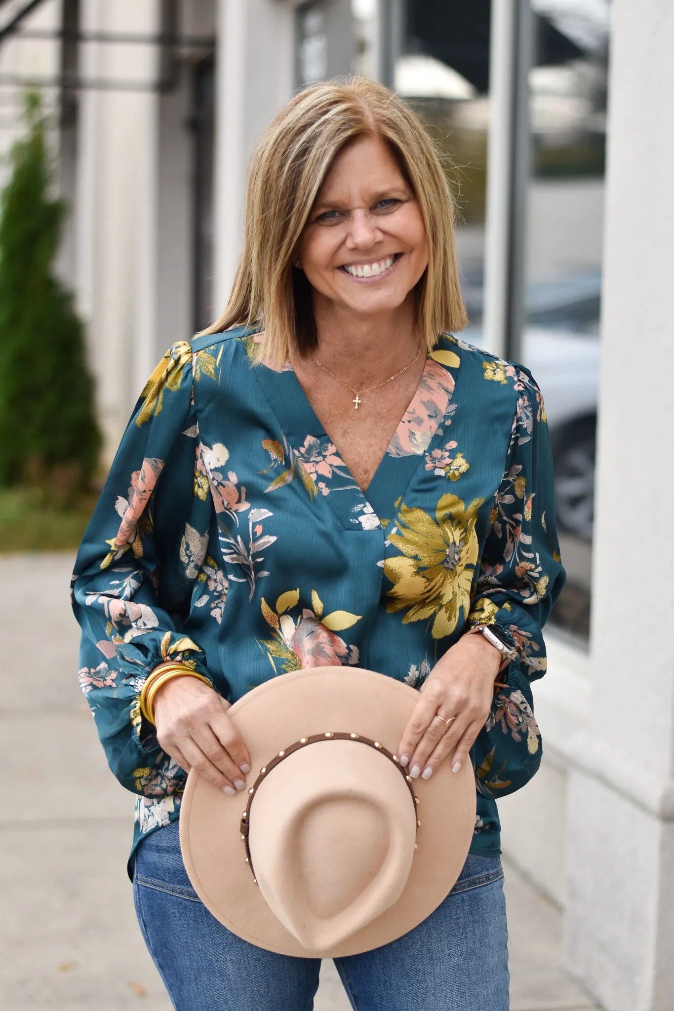 Floral Satin Bubble Sleeve Top