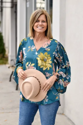 Floral Satin Bubble Sleeve Top