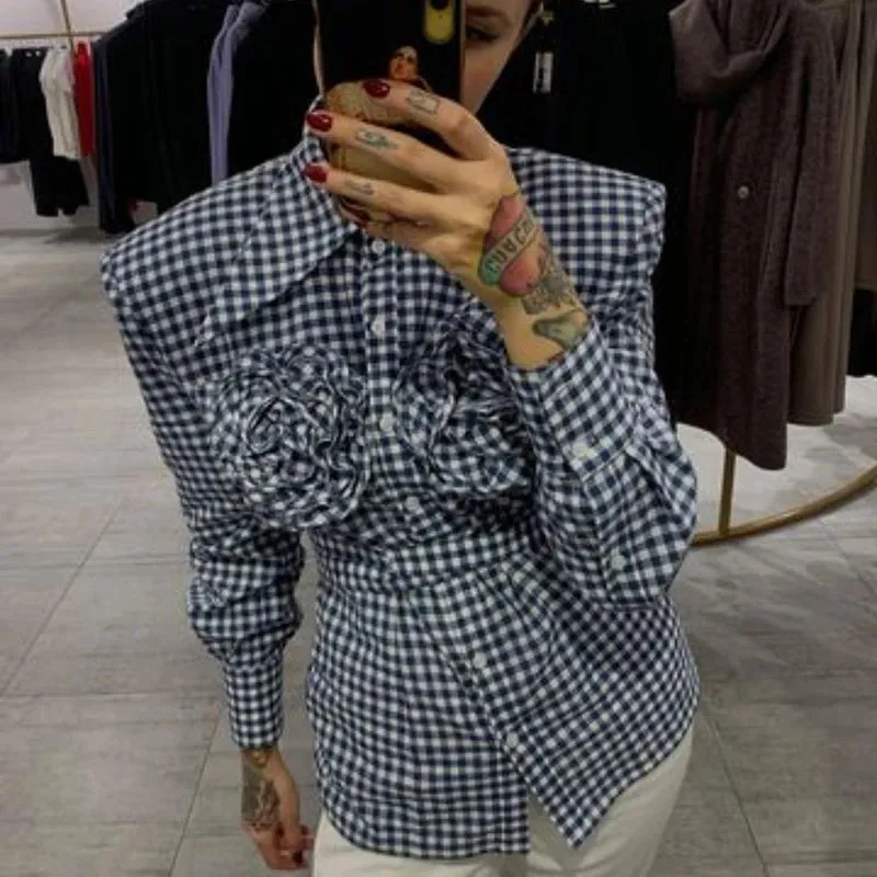 Flytonn-Fairy Grunge 3D Floral Plaid Shirt  90s Vintage Long Sleeve Lapel Button Women Shirt French Aesthetic Trendy Fashion Streetwear