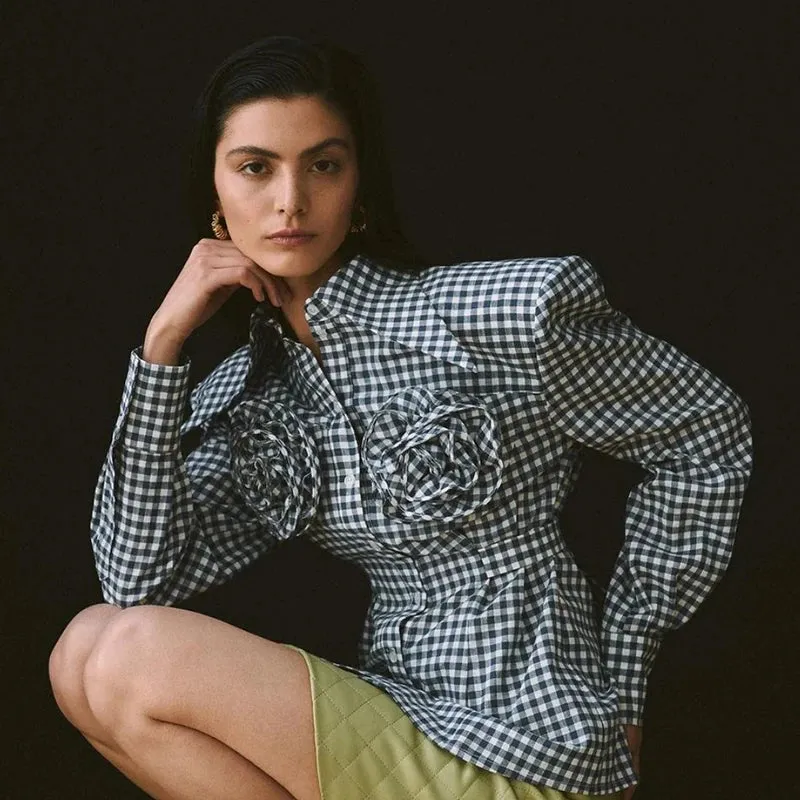 Flytonn-Fairy Grunge 3D Floral Plaid Shirt  90s Vintage Long Sleeve Lapel Button Women Shirt French Aesthetic Trendy Fashion Streetwear