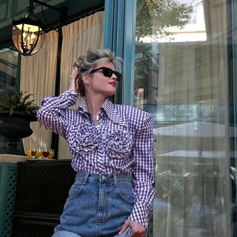 Flytonn-Fairy Grunge 3D Floral Plaid Shirt  90s Vintage Long Sleeve Lapel Button Women Shirt French Aesthetic Trendy Fashion Streetwear