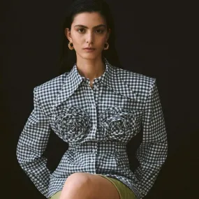 Flytonn-Fairy Grunge 3D Floral Plaid Shirt  90s Vintage Long Sleeve Lapel Button Women Shirt French Aesthetic Trendy Fashion Streetwear