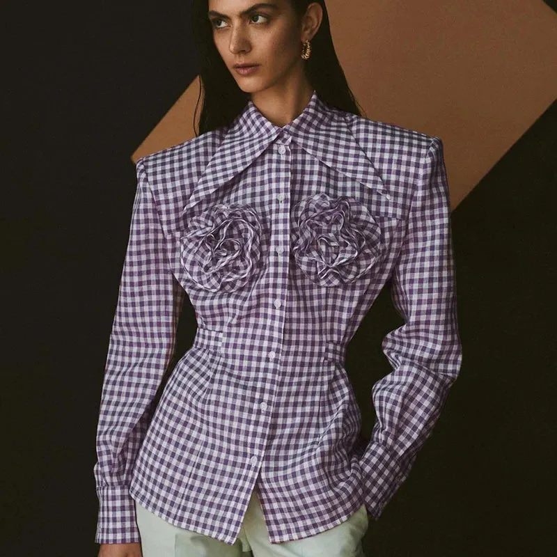 Flytonn-Fairy Grunge 3D Floral Plaid Shirt  90s Vintage Long Sleeve Lapel Button Women Shirt French Aesthetic Trendy Fashion Streetwear